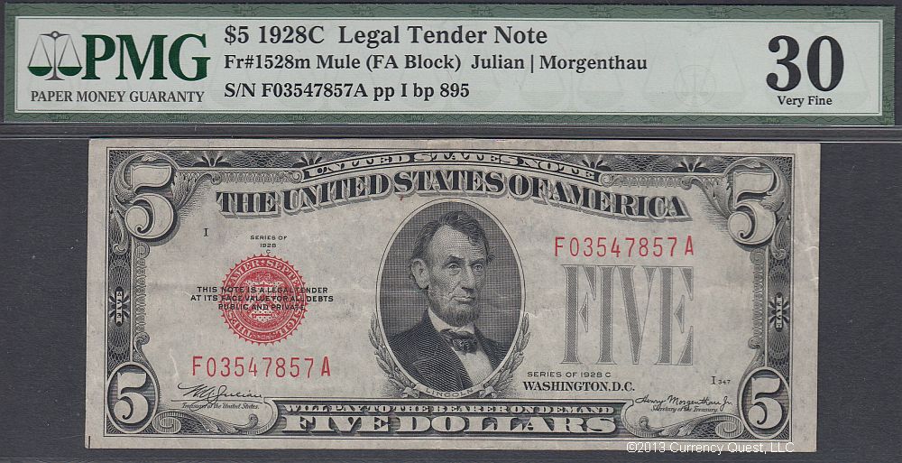 Fr.1528m, 1928-C $5 Legal Tender Mule Note, VF, PMG-30